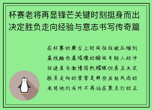 杯赛老将再显锋芒关键时刻挺身而出决定胜负走向经验与意志书写传奇篇章