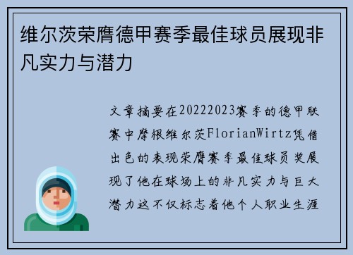 维尔茨荣膺德甲赛季最佳球员展现非凡实力与潜力
